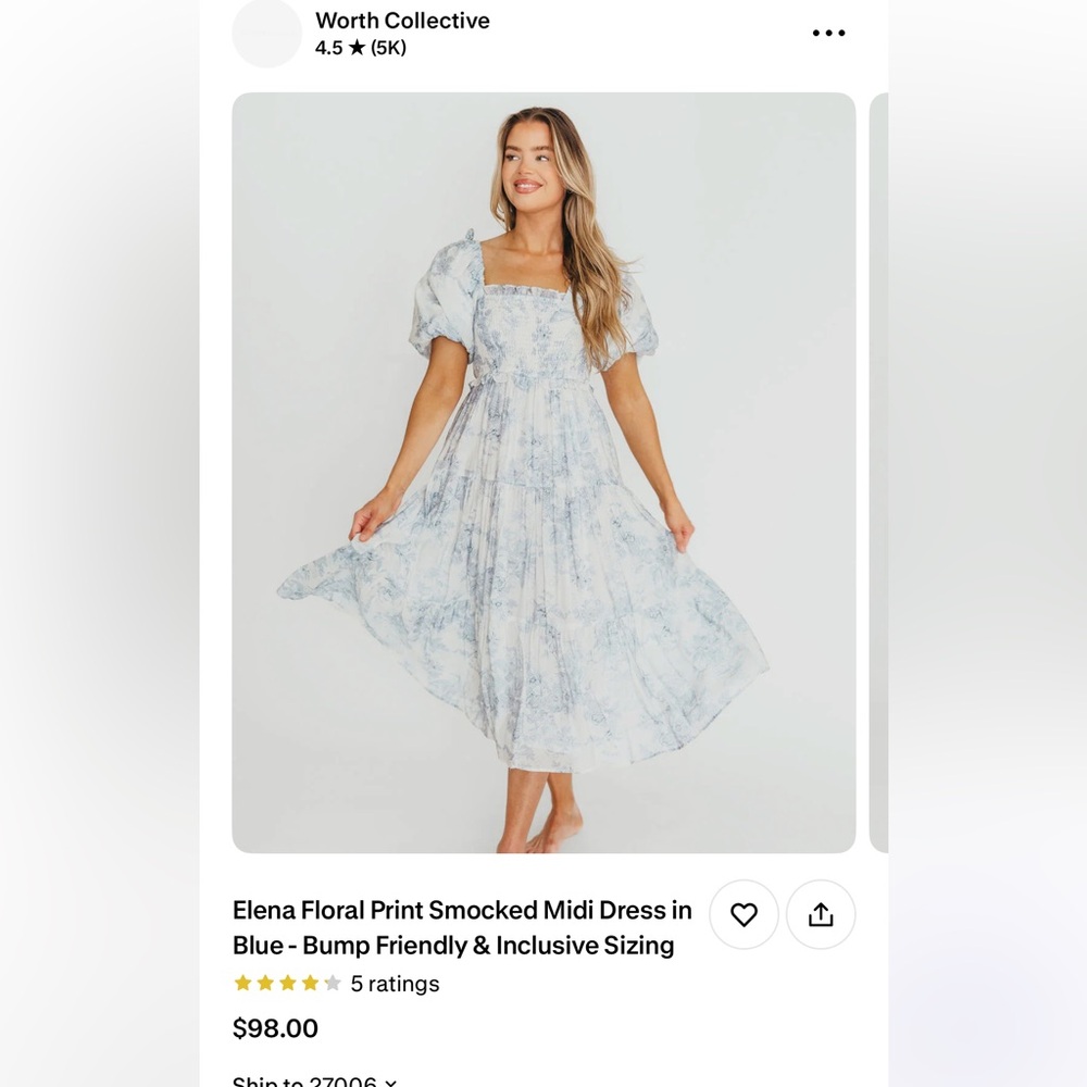 Worth Collective Elena Floral Print Smocked Midi Dress in Blue